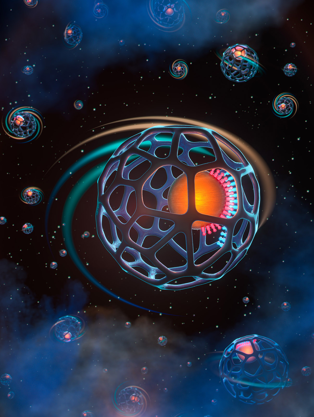 A spherical metallic cage with large pores is in the center of the image. Within the cage, a glowing metal core is bound to the cage via a zipper-like mechanism. Motion trails indicate that the cage is rotating. The background consists of a galaxy of nanomotors receding into the distance to form a starfield.