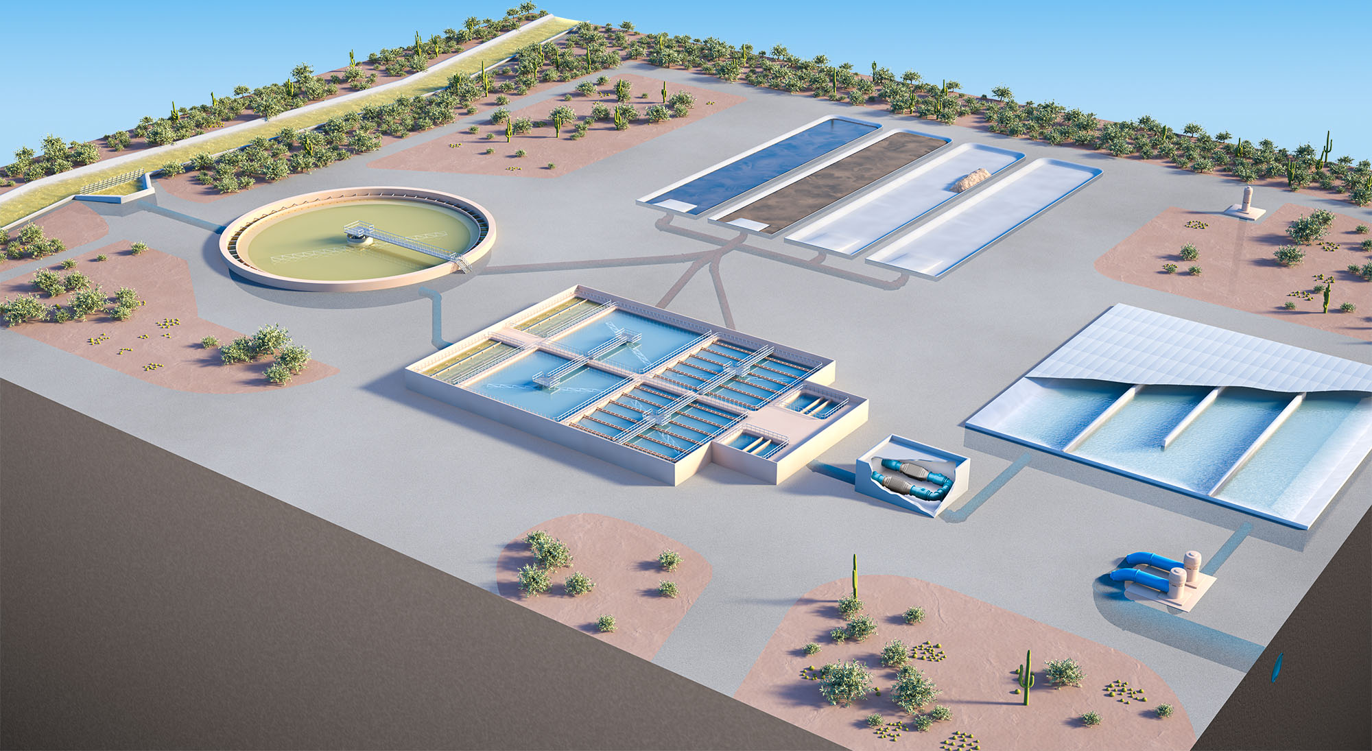 A slice of flat terrain depicts the layout of a typical water treatment plant (3D render).